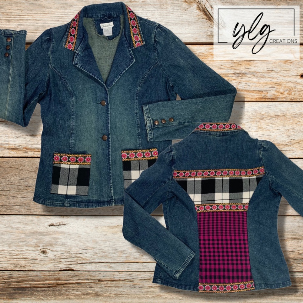 Boho Denim Jacket Feminine Woodsy Country Girl Winter Holiday Blazer Plaid